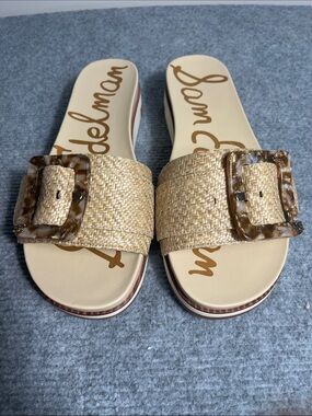 Sam Edelman Beige Woven Slide Sandals with Tortoiseshell Buckles